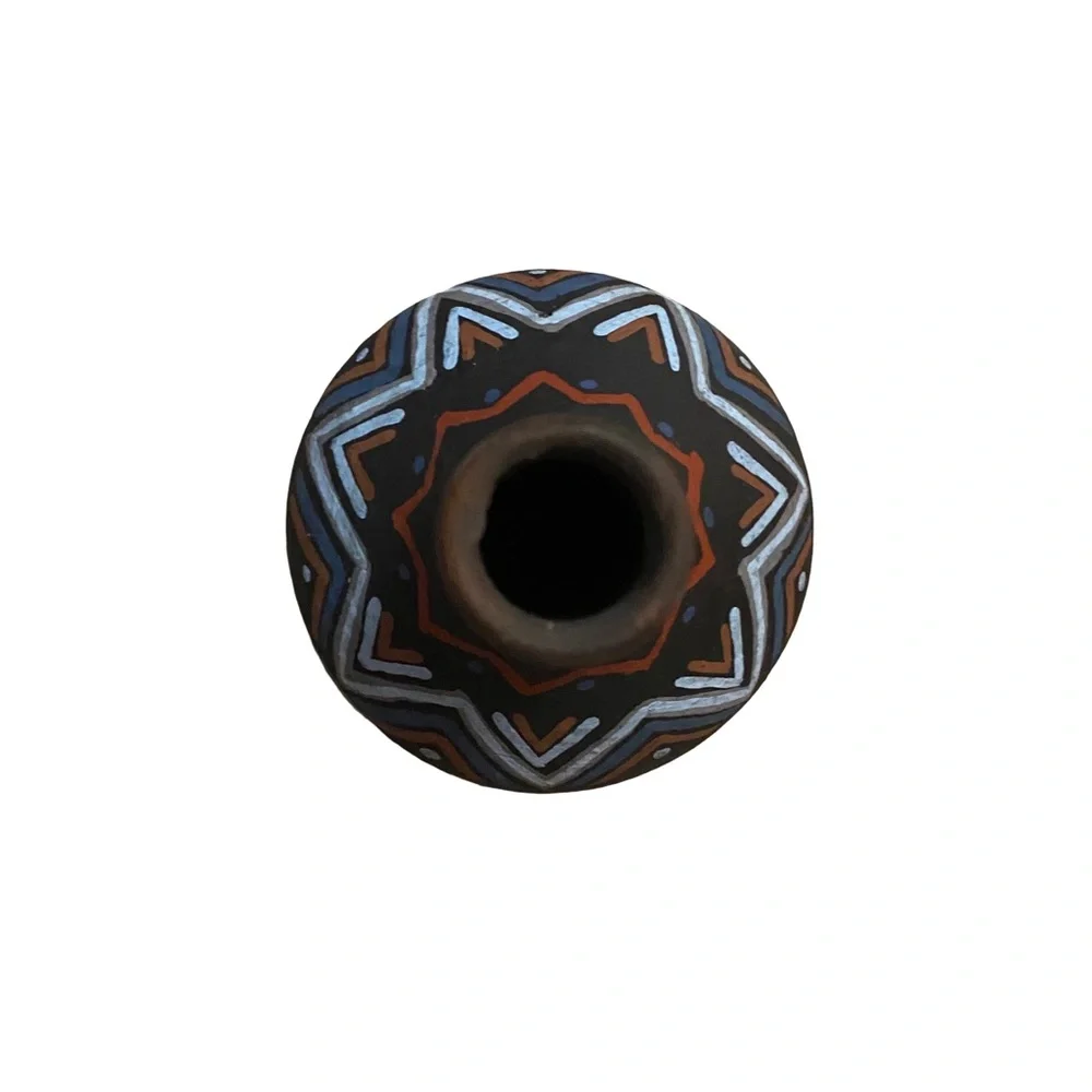 Vintage Brown Clay Bud‎ Vase Colorful Hand Painted Southwestern Aztec